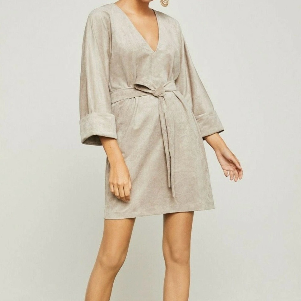 BCBGMAXAZRIA Faux Suede 3/4 Sleeve V-Neck Belted Dress - Picture 2 of 8